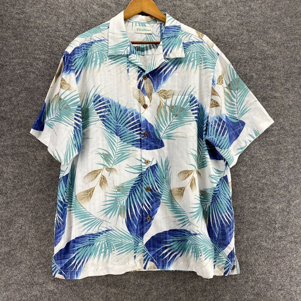 5/$45 Caribbean Shirt Men XL White Floral Button Up Collared Short Sleeve